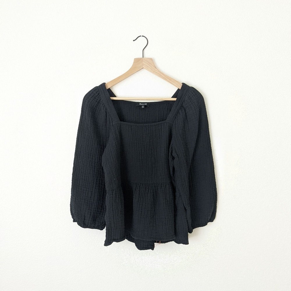 Madewell Lightspun Millbrook Puff-Sleeve Peplum Top Black